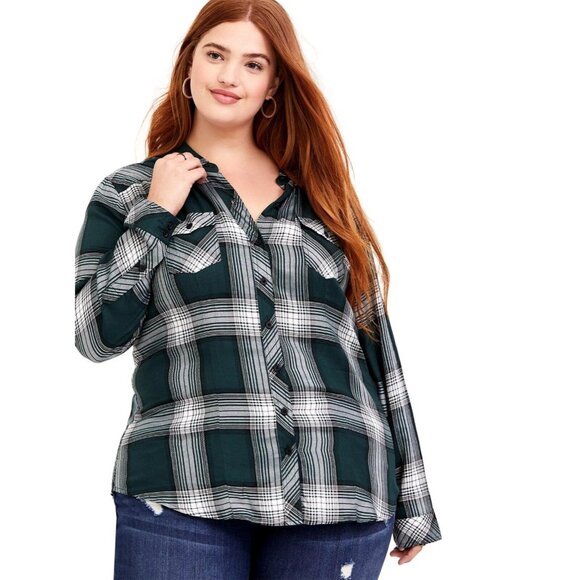 Torrid Green Plaid Ultra Soft Rayon Flannel Long Sleeve Button Down Pockets 3 3X - Picture 1 of 10